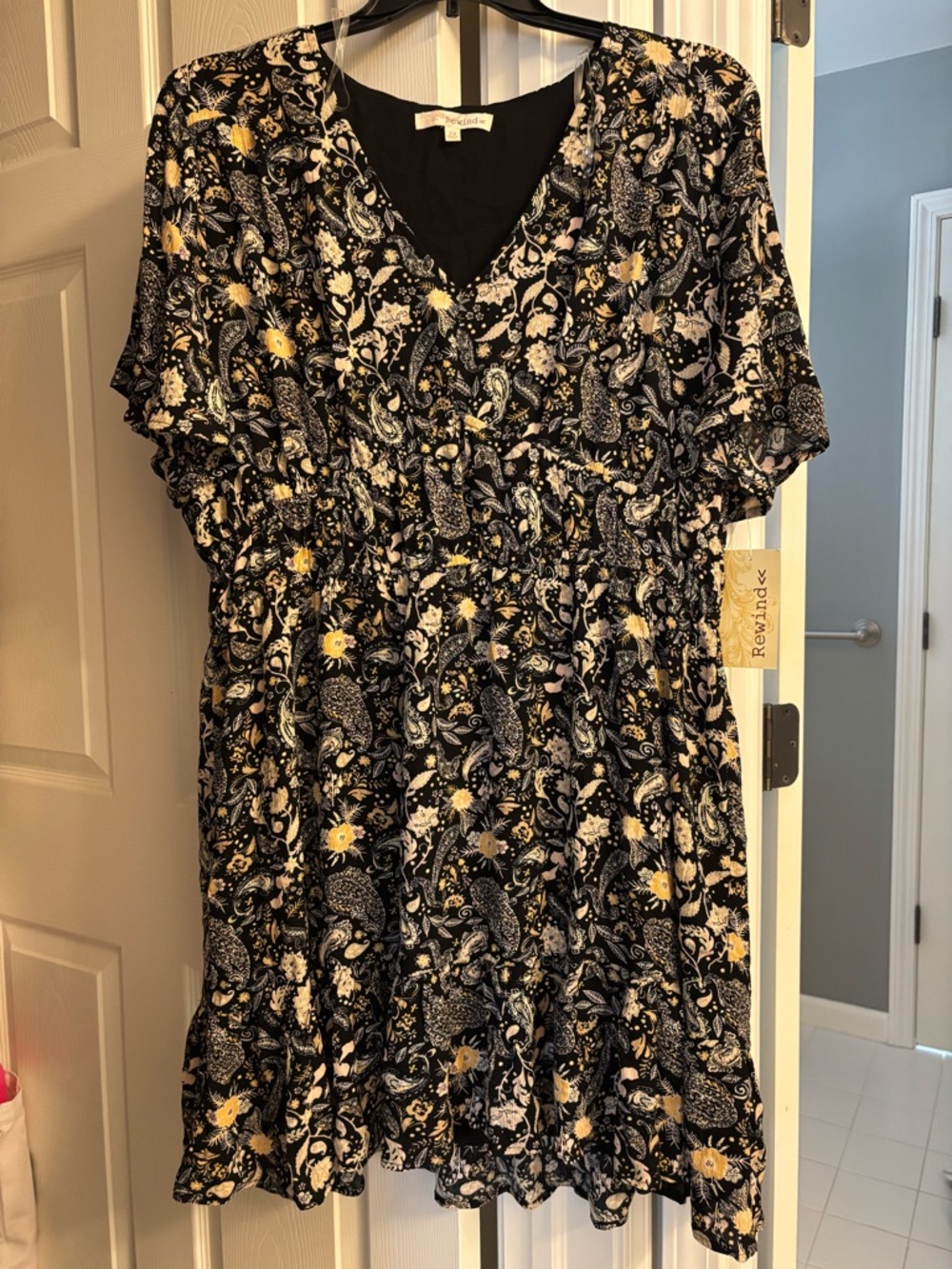Rewind Black Dress with Yellow & Cream Paisley Print